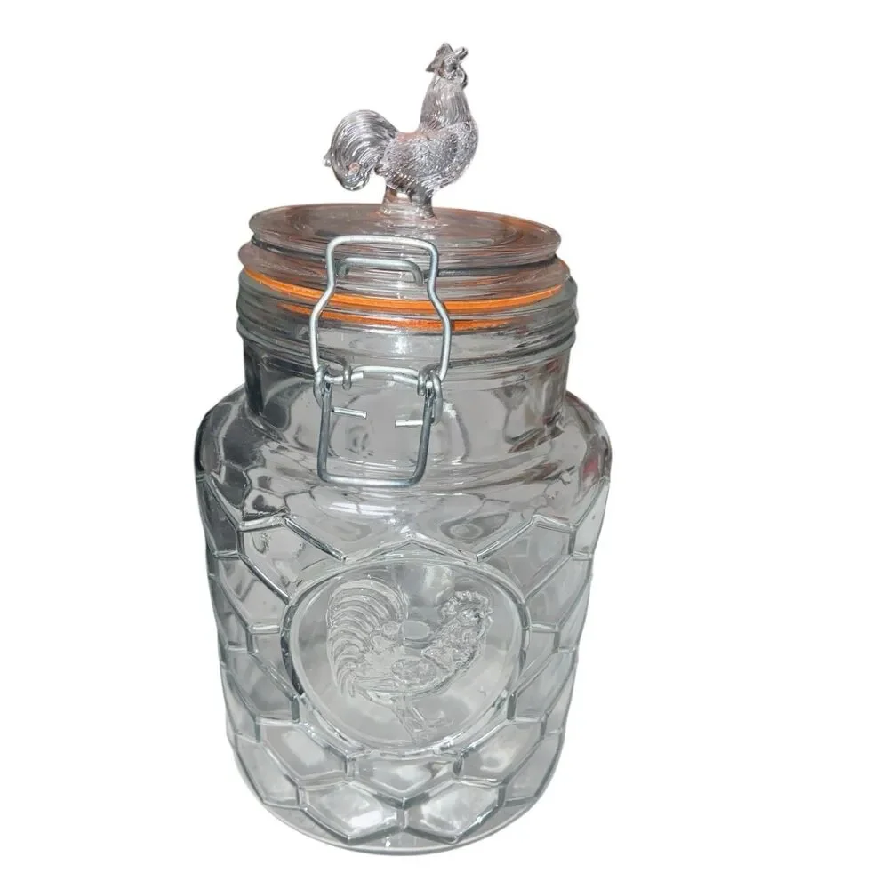 Clear Glass Rooster Top Finial Bail Lid Canister Honeycomb Farm Cottagecore 9